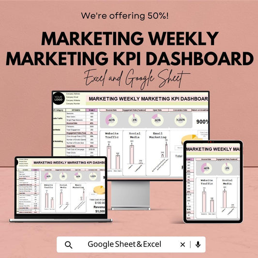 Marketing Weekly KPI Dashboard | Google Sheet | Track Website Traffic, Social Media & Email Marketing Performance | ROI Tracker Template