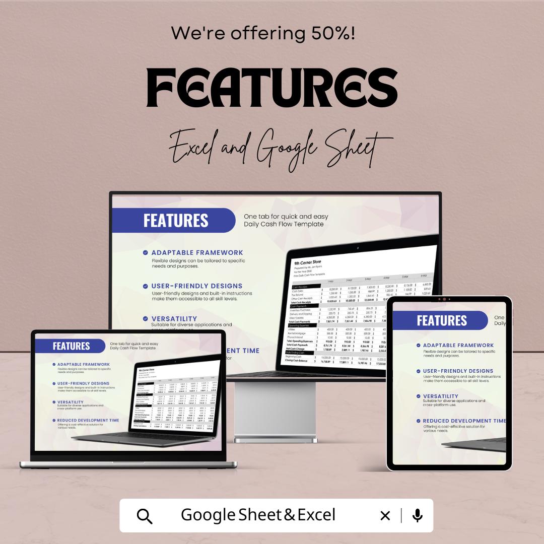 Daily Cash Flow Sheet Template - Excel and Google Sheets - Track Income, Expenses, Net Cash - Editable & Instant Download