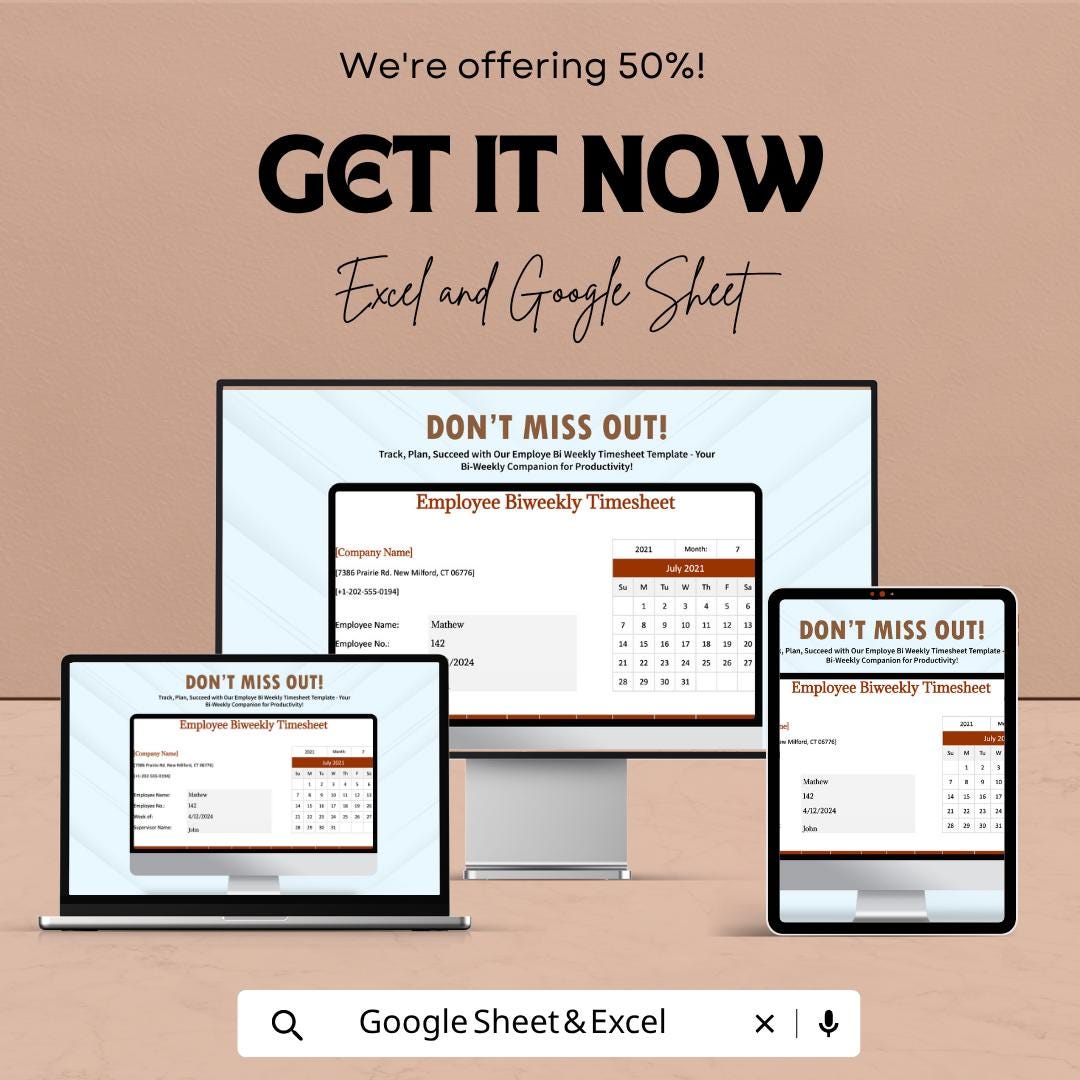 Employee Bi Weekly Timesheet Template, Payroll Tracker, Work Hours Log, Biweekly Time Tracker
