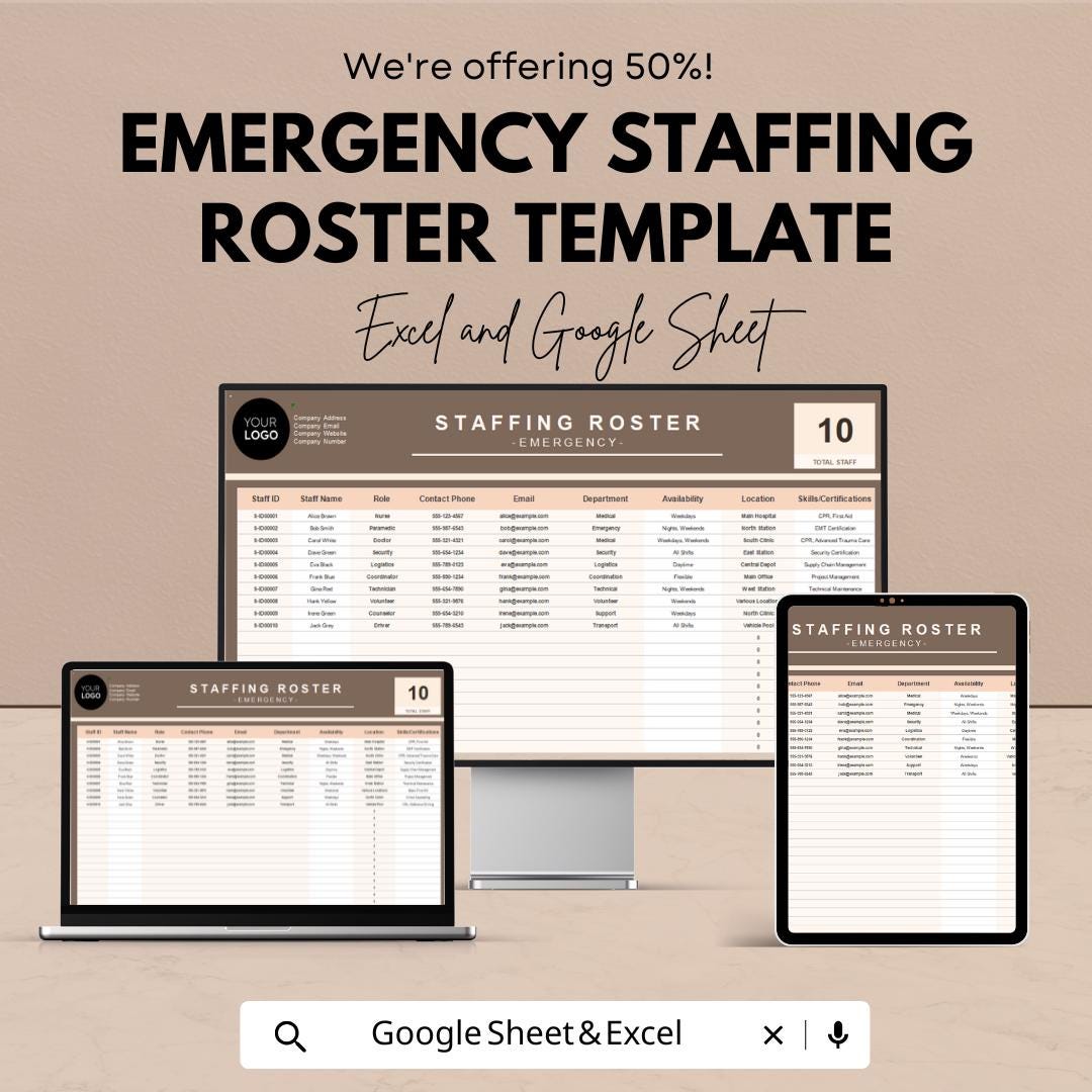 Emergency Staffing Roster Template | Excel and Google Sheets | Emergency Staff Schedule, Shift Assignment & Crisis Response Planner
