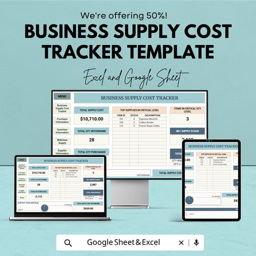 Business Supply Cost Tracker Template  | Inventory Supply Tracker Spreadsheet | Office Supply Budget Tracker | Business Inventory Tracker