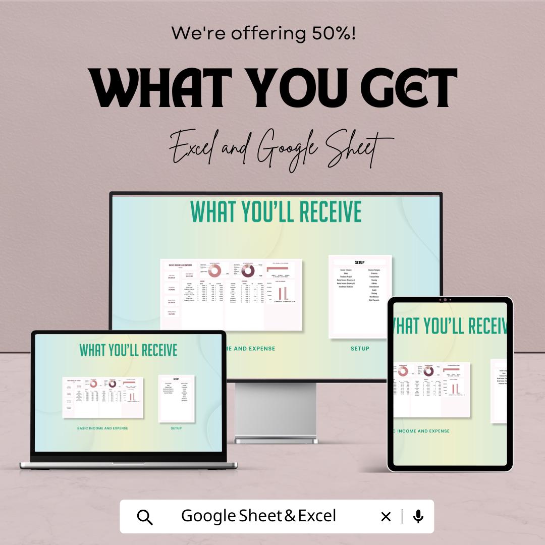 Basic Income and Expense Template | Personal Finance Tracker | Google Sheets and Excel Budget Planner | Income Expense Log
