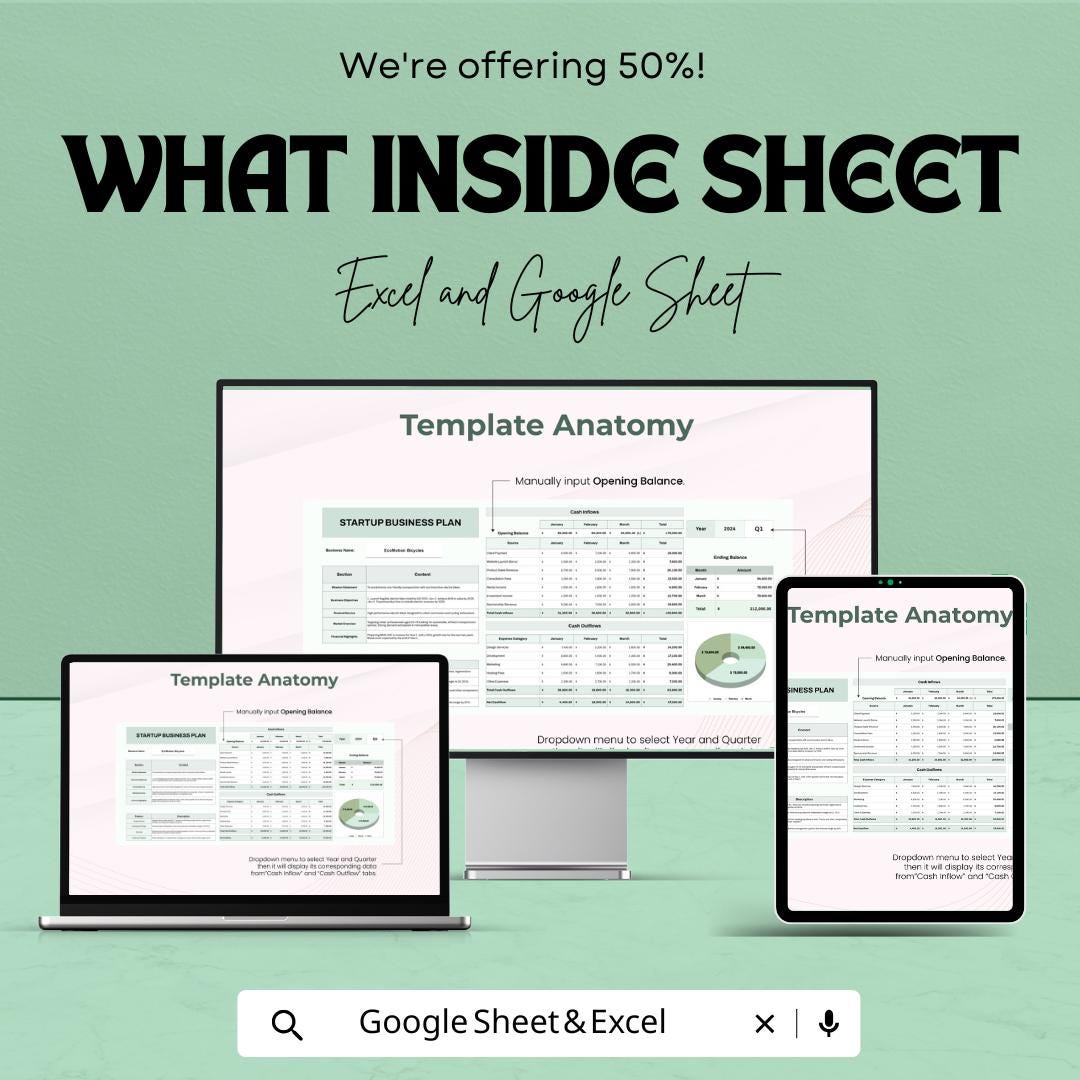 Startup Business Plan Sheet | Google Sheets | Financial Planning & Strategy Template for Entrepreneurs | Cash Flow and Expense Tracker