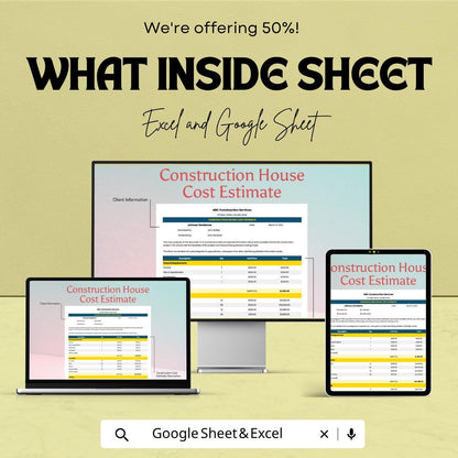 Construction House Cost Estimate Template | Home Building Budget Spreadsheet | Construction Budget Planner | Contractor Estimate Sheet |