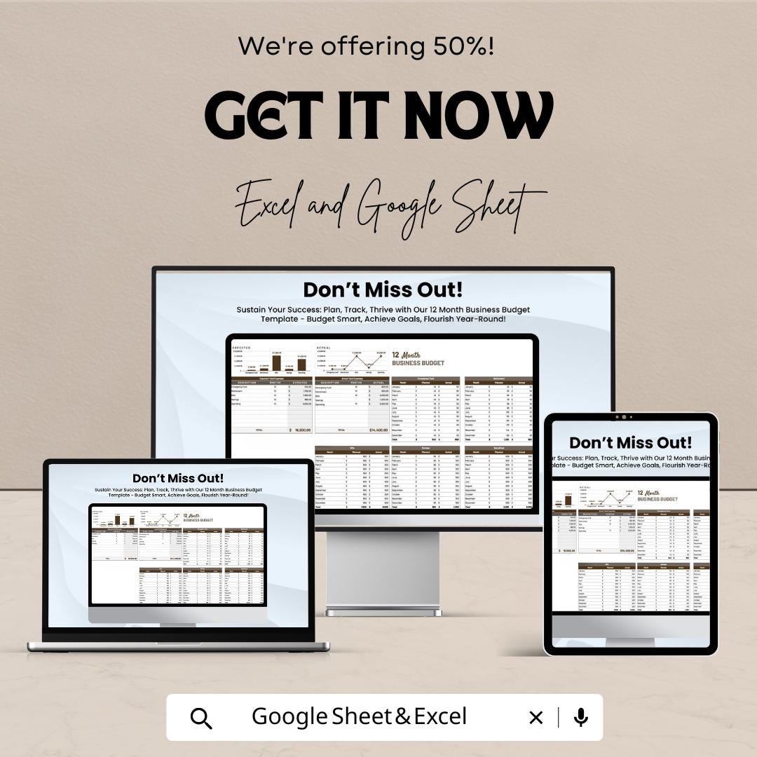 12 Month Business Budget Sheet | Excel and Google Sheets | Budget Planning & Expense Tracking Template | Finance Management Tool