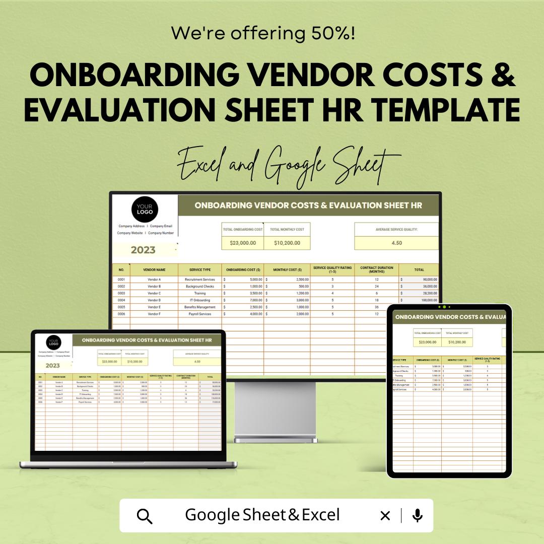 Onboarding Vendor Costs & Evaluation Sheet HR Template | Vendor Cost Tracker | HR Budget Tool | Excel and Google Sheets
