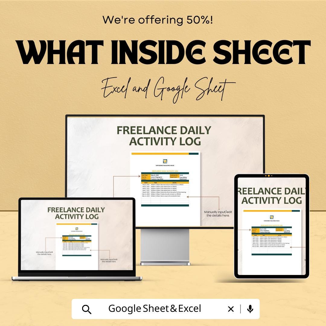 Freelance Daily Activity Log Sheet | Time Tracker Template | Google Sheets & Excel | Work Log Sheet for Freelancers