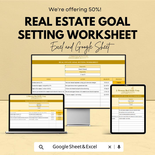 Real Estate Goal Setting Worksheet | Excel and Google Sheets Template | Customizable & Easy-to-Use for Real Estate Professionals |