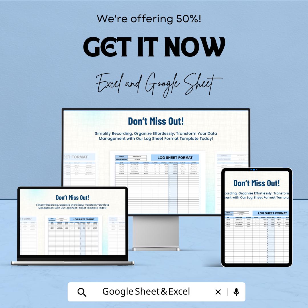 Log Sheet Format – Excel & Google Sheets – Inventory Tracking, Product Management, Data Recording – Customizable Log Template