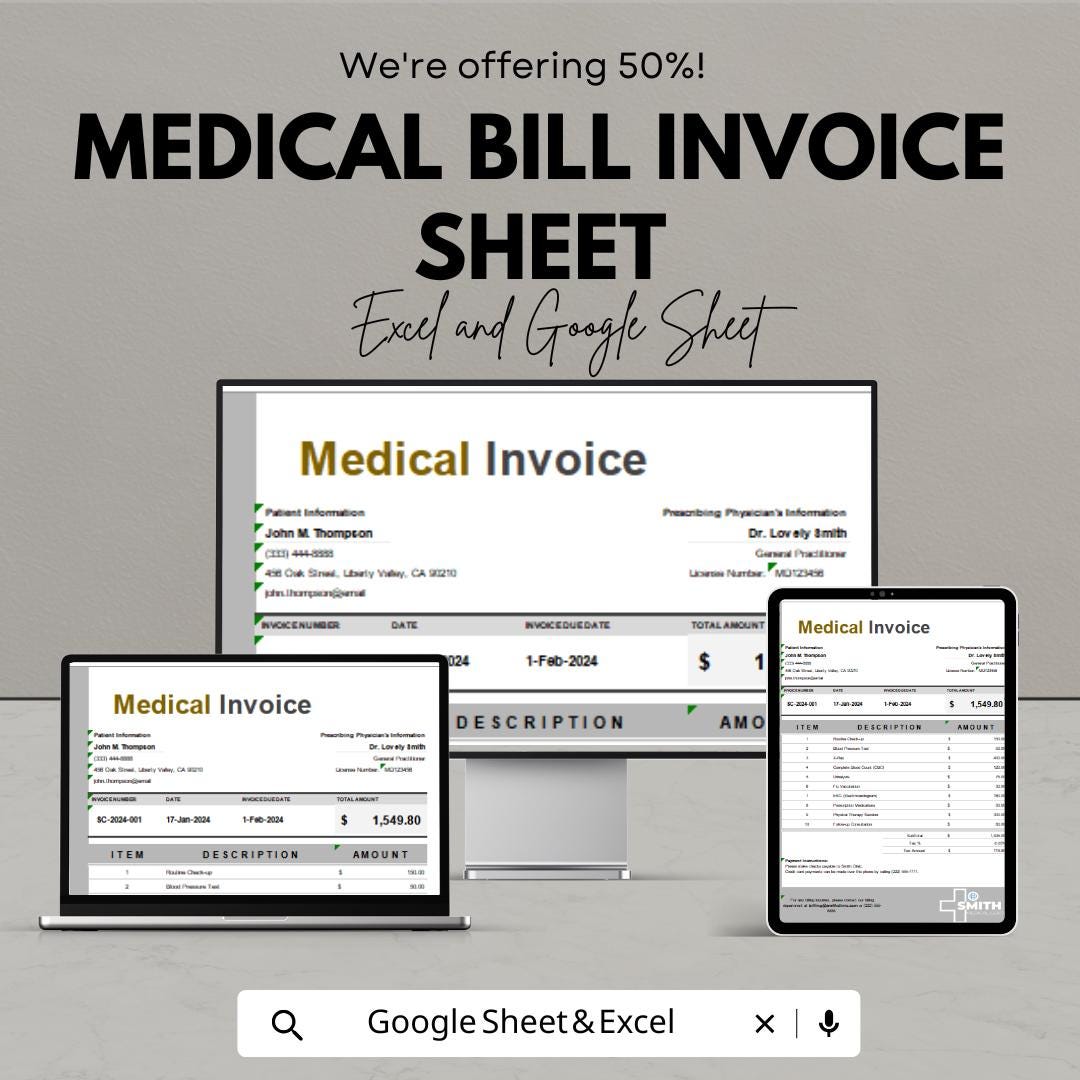 Medical Bill Invoice Sheet – Excel and Google Sheet Template | Healthcare Billing & Payment Tracking | 50% Off