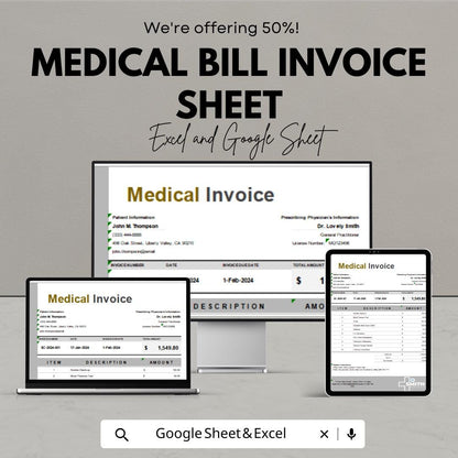 Medical Bill Invoice Sheet – Excel and Google Sheet Template | Healthcare Billing & Payment Tracking | 50% Off