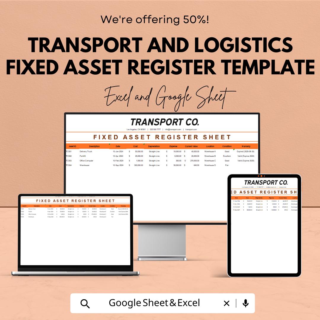 Transport and Logistics Fixed Asset Register Template | Asset Tracking Spreadsheet | Fleet and Equipment Register | Excel and Google Sheets