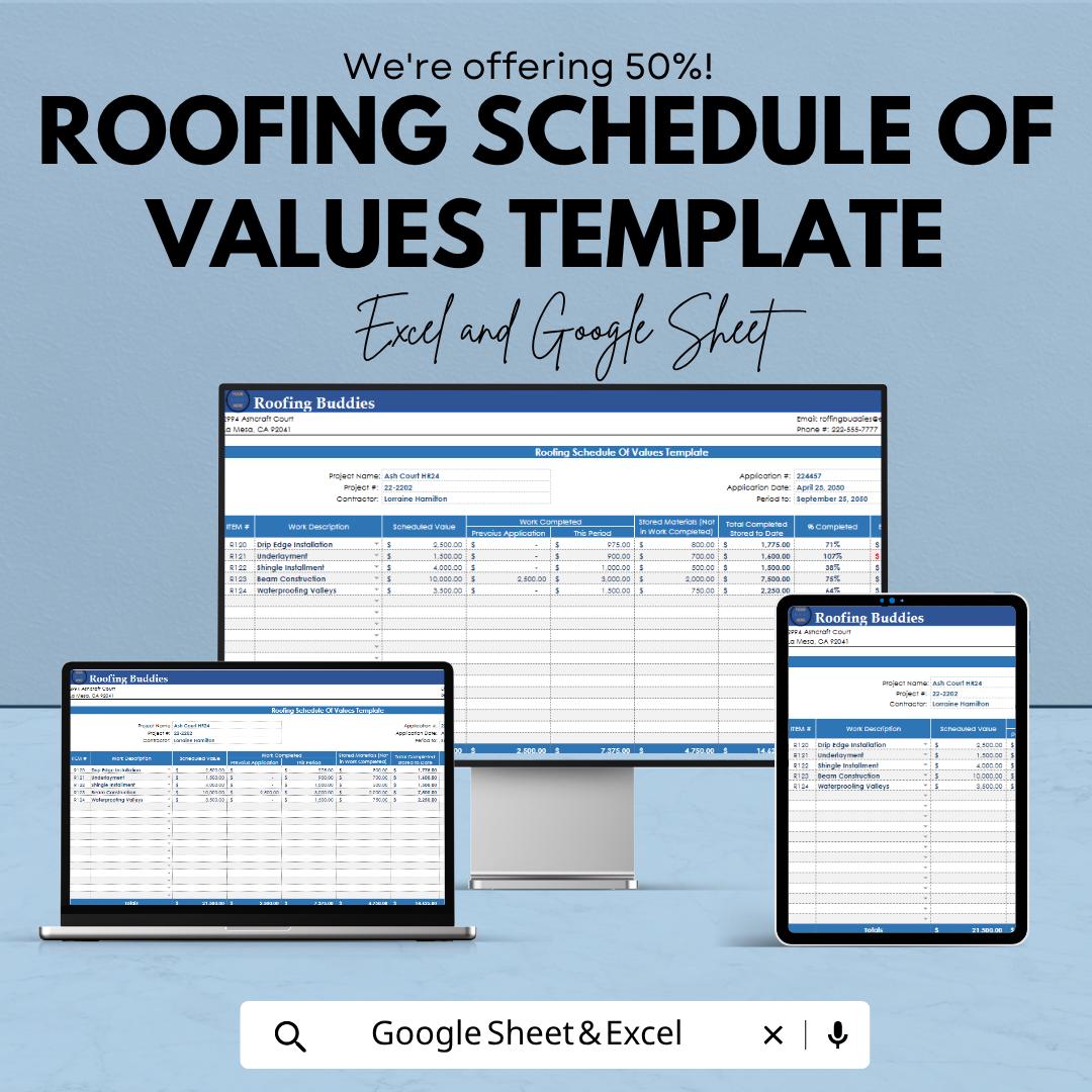 Roofing Schedule Of Values Template | Construction Schedule of Values | Contractor Payment Template | Progress Billing Template