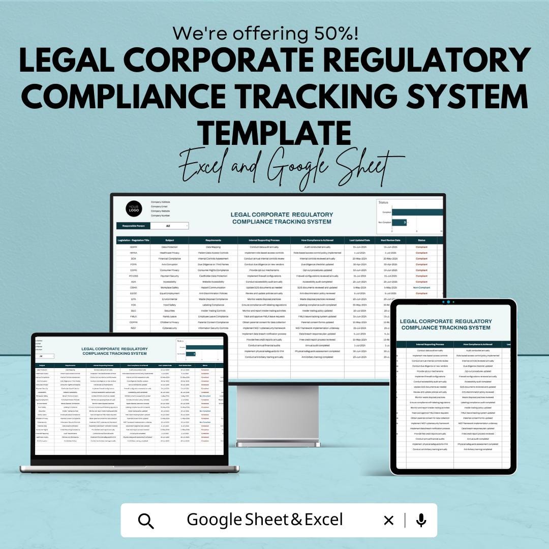 Corporate Compliance Tracker Template, Regulatory Compliance Log, Legal Compliance Spreadsheet, Compliance Management Sheet