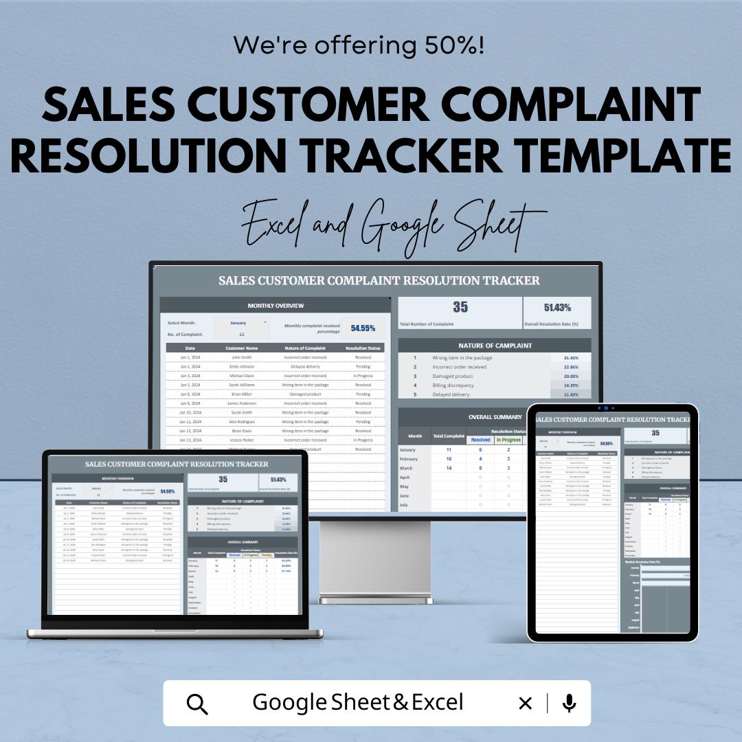 Sales Customer Complaint Resolution Tracker Template |  Customer Service Log Spreadsheet | Complaint Management Tool