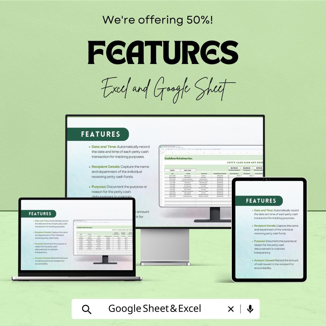 Petty Cash Sign Out Sheet | Google Sheets & Excel Template | Cash Flow Tracker | Easy Record Keeping | Automated Petty Cash Template