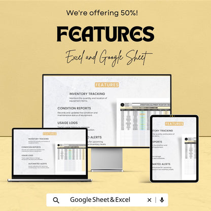 Operations Equipment Inventory Management Sheet | Excel and Google Sheets | Asset Tracking Log | Maintenance and Condition Report |