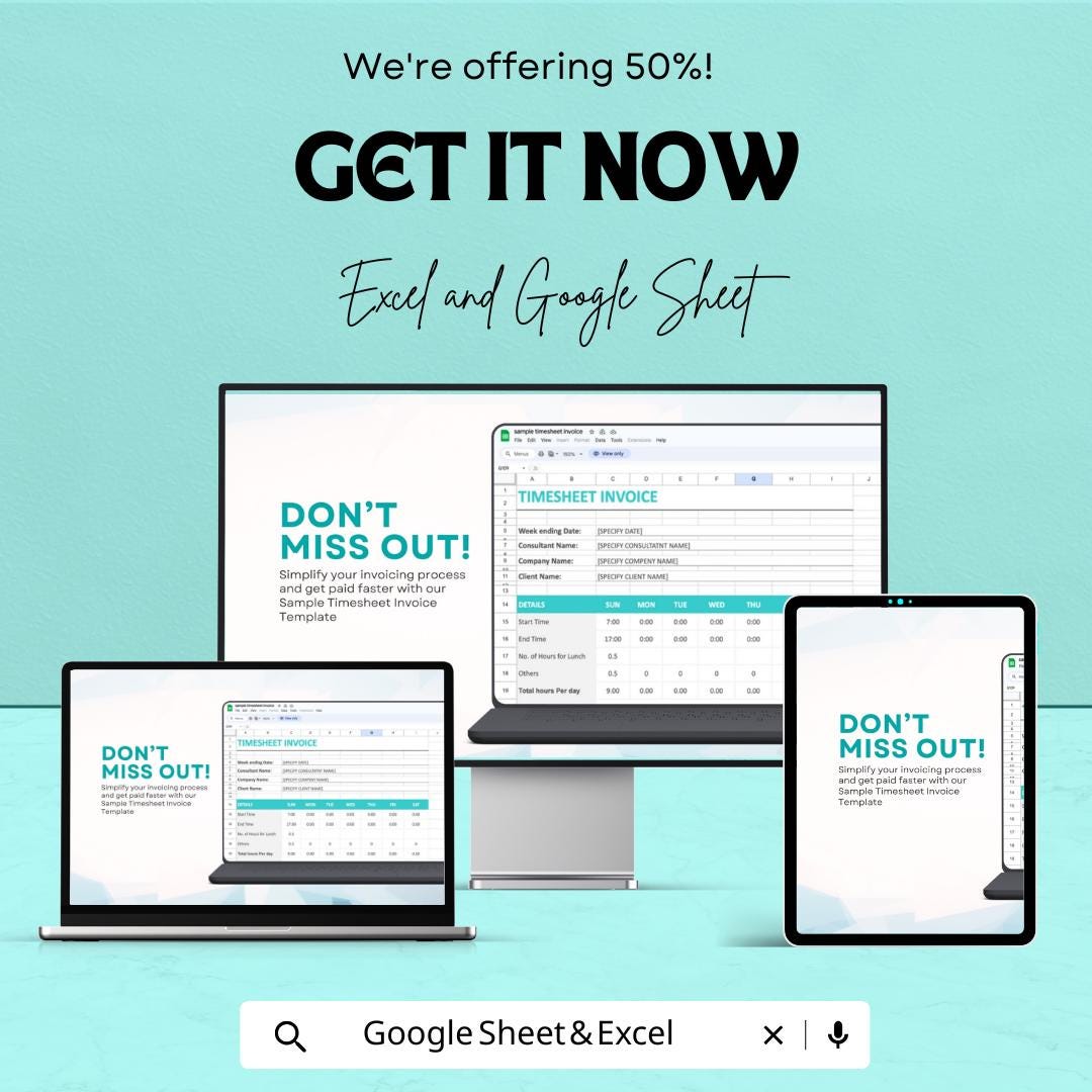 Sample Timesheet Invoice Sheet - Customizable Template for Freelancers, Excel & Google Sheets, Track Billable Hours and Payments