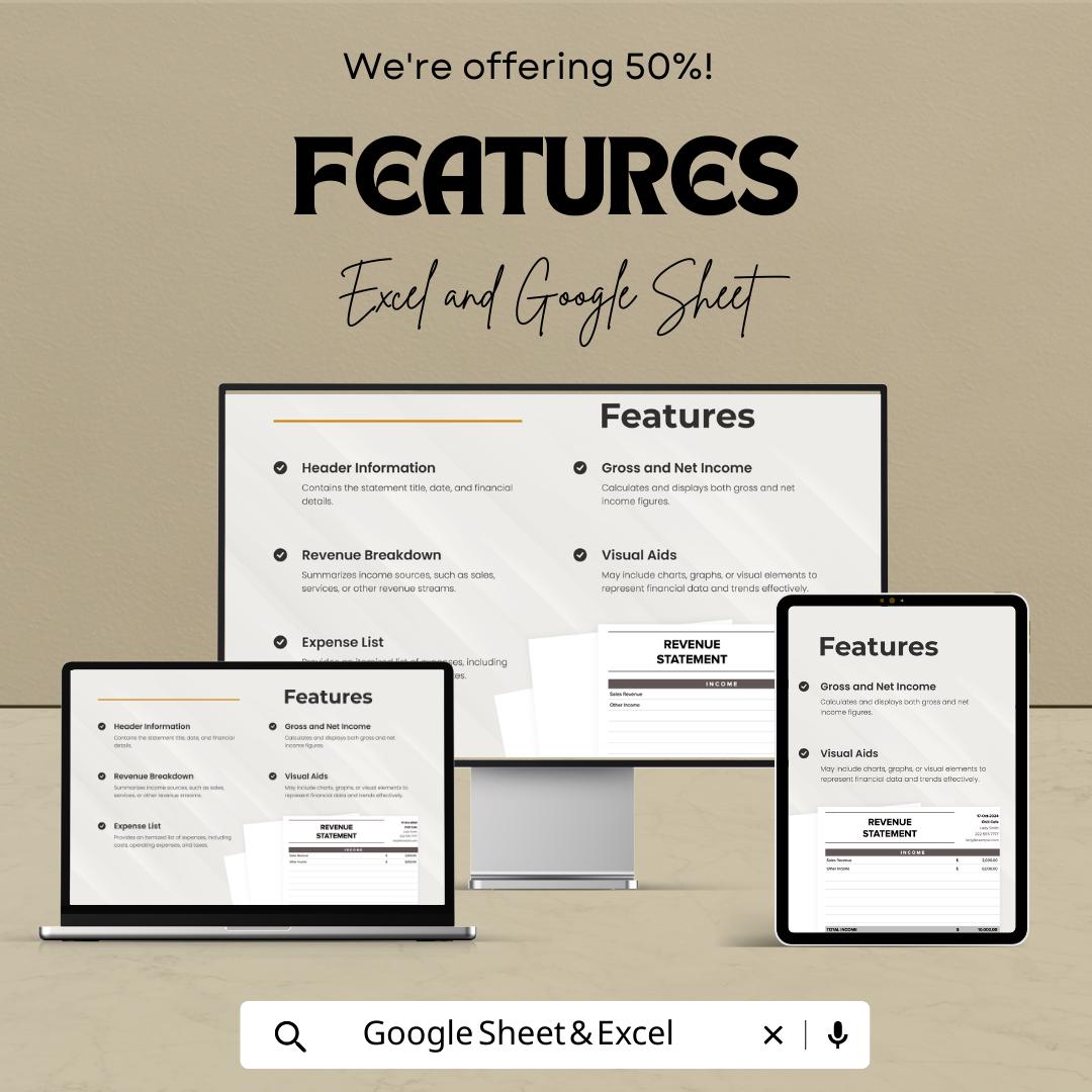 Revenue Statement Template | Excel & Google Sheets Income Statement | Business Revenue Tracker | Financial Statement Spreadsheet