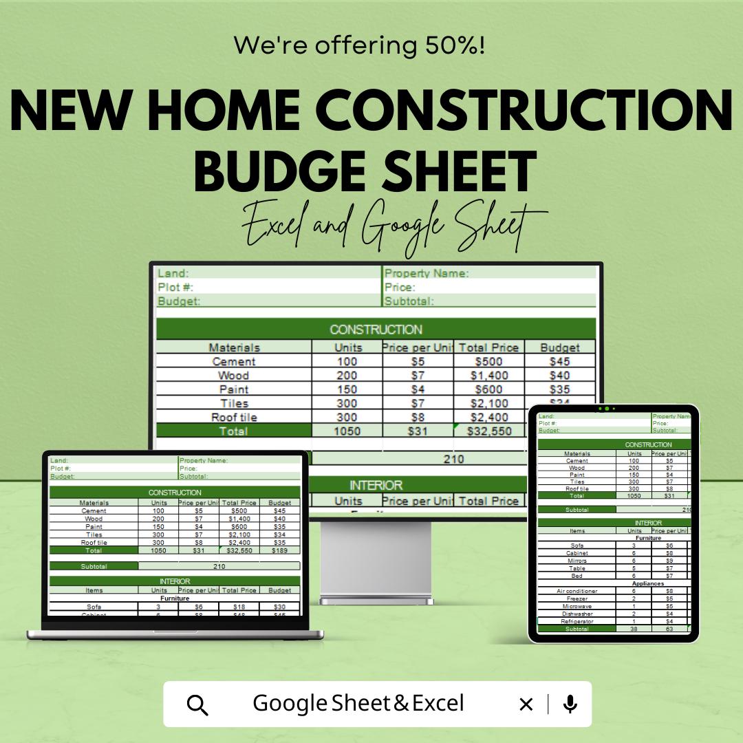 New Home Construction Budget Sheet | Google Sheets Template | Track Material, Labor & Interior Costs | Budget Planning for Your Dream Home