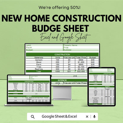 New Home Construction Budget Sheet | Google Sheets Template | Track Material, Labor & Interior Costs | Budget Planning for Your Dream Home