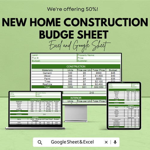 New Home Construction Budget Sheet | Google Sheets Template | Track Material, Labor & Interior Costs | Budget Planning for Your Dream Home