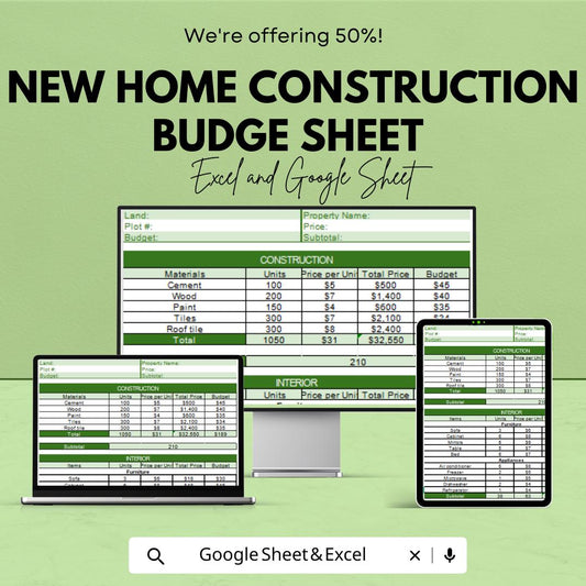 New Home Construction Budget Sheet | Google Sheets Template | Track Material, Labor & Interior Costs | Budget Planning for Your Dream Home