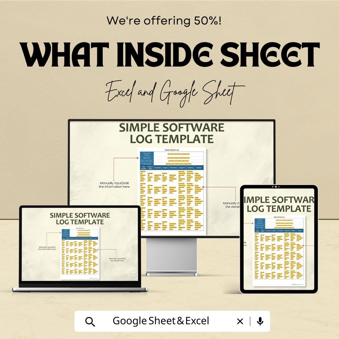 Simple Software Log Template | Excel & Google Sheets | Bug Tracker | Project Management Spreadsheet | Issue Tracking Log | Digital Download