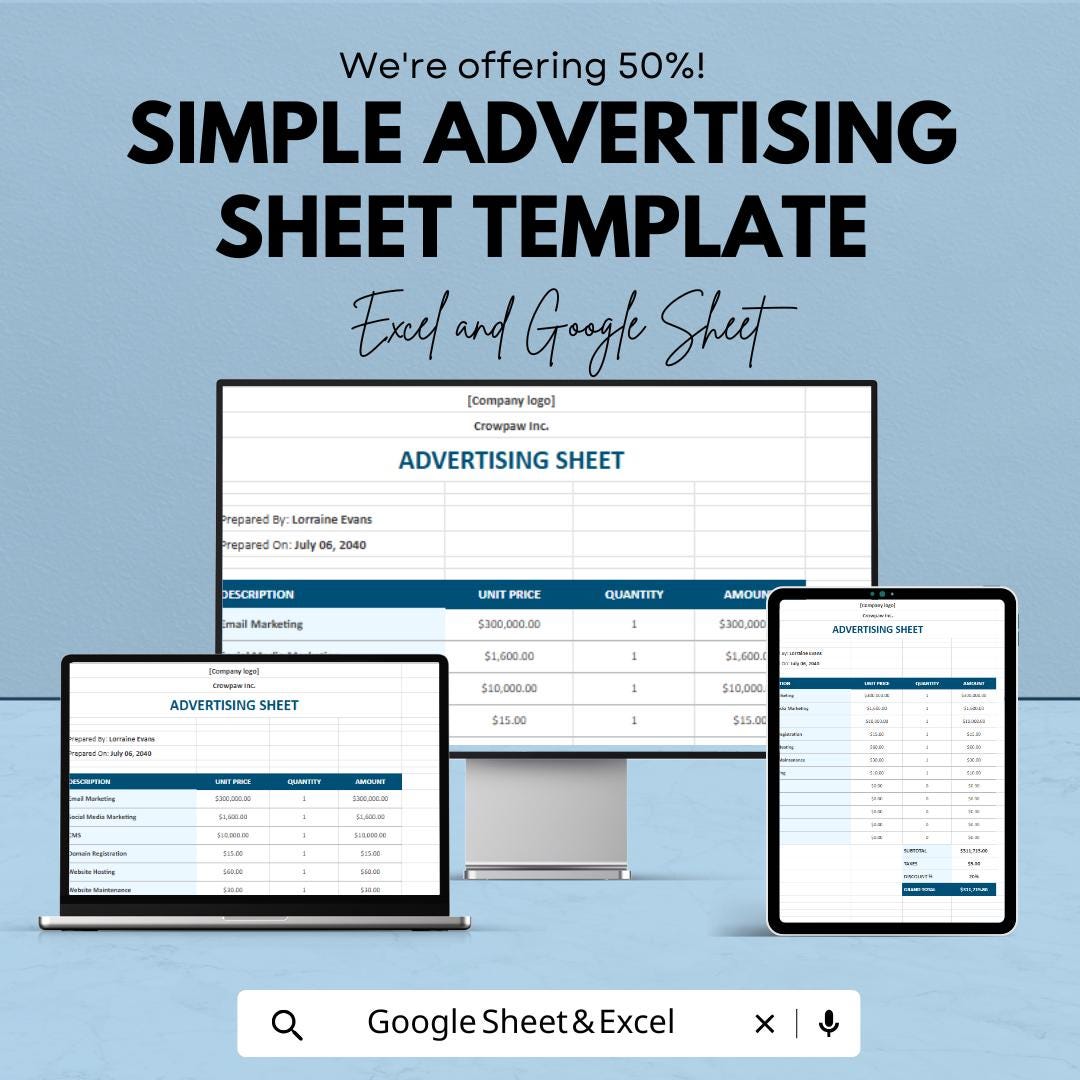 Simple Advertising Sheet Template | Marketing Cost Breakdown | Advertising Budget Planner | Editable Marketing Expense Log