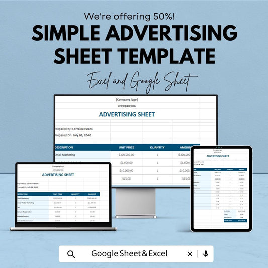 Simple Advertising Sheet Template | Marketing Cost Breakdown | Advertising Budget Planner | Editable Marketing Expense Log