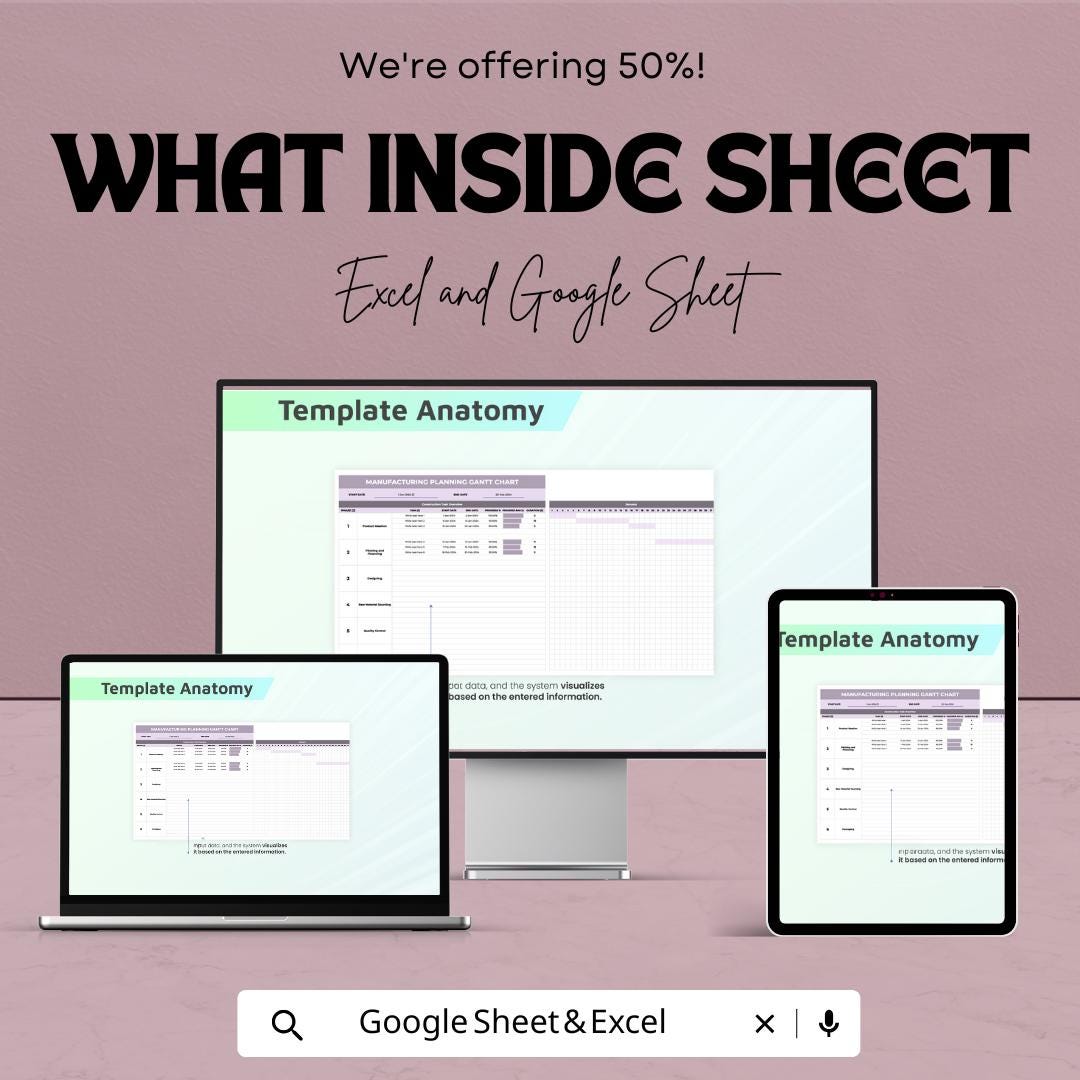 Manufacturing Planning Gantt Chart Sheet - Excel & Google Sheets Template for Production Scheduling and Task Management