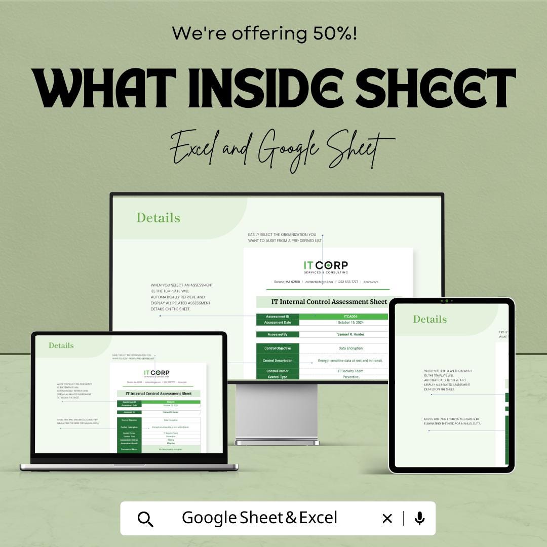 IT Internal Control Assessment Template | IT Audit Checklist Sheet | Internal Control Evaluation Sheet | Compliance and Risk Assessment Tool