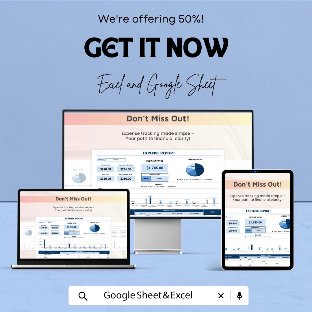 Expense Report Sheet | Financial Tracker Excel and Google Sheet Template | Budgeting & Expense Management Tool