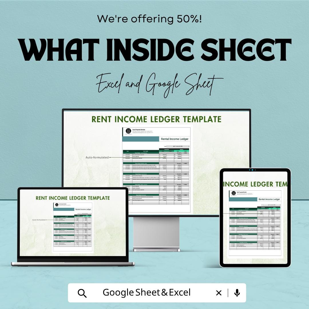Rent Income Ledger Template | Rental Income Tracker Spreadsheet | Landlord Accounting Sheet | Excel & Google Sheets | Property Income