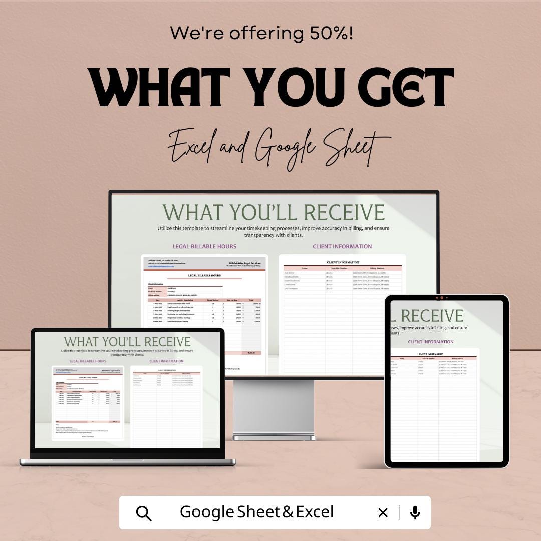 Legal Billable Hours Template Excel & Google Sheets | Attorney Time Tracking Spreadsheet | Law Firm Billing Tracker | Legal Billing Log