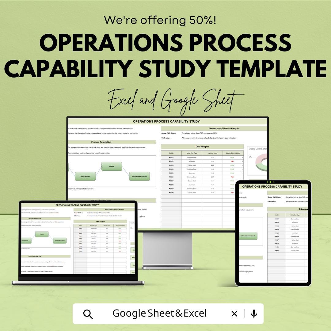 Operations Process Capability Study Template Excel Google Sheets | Process Improvement Spreadsheet | Quality Control Analysis |