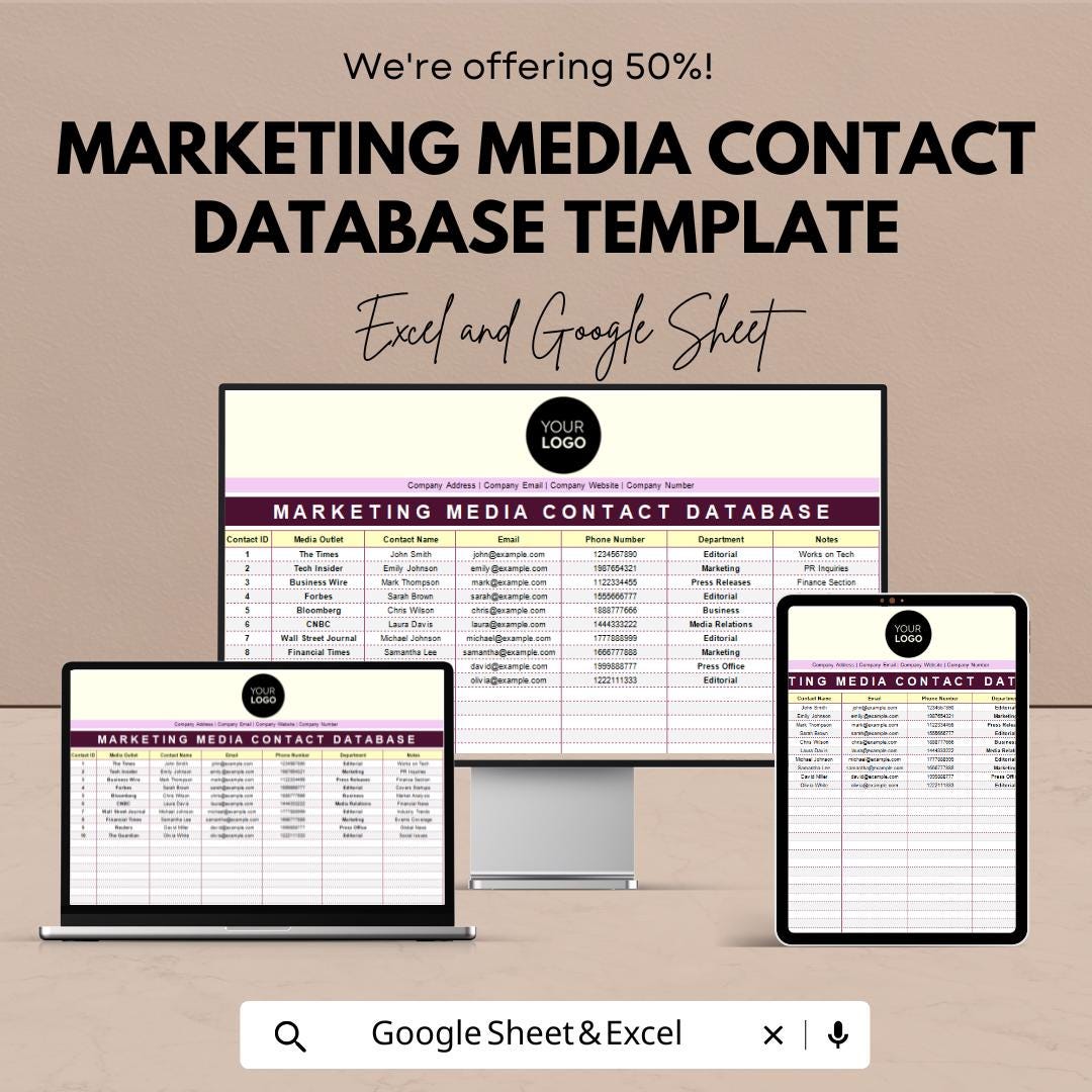 Marketing Media Contact Database Template | PR Contact List | Media Outreach Spreadsheet |  Marketing Communications Tool
