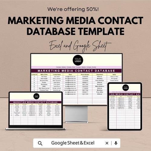 Marketing Media Contact Database Template | PR Contact List | Media Outreach Spreadsheet |  Marketing Communications Tool