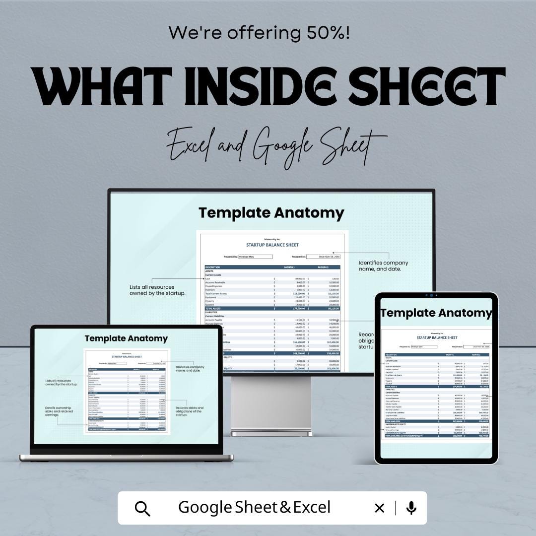 Startup Balance Sheet – Editable Google Sheet & Excel Template | Business Financial Statement | Asset Liability Equity Tracker