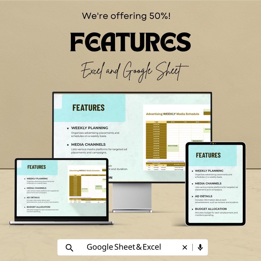 Advertising Weekly Media Schedule Template | Ad Campaign Planner | Media Planning Sheet | Weekly Advertising Calendar | Budget Tracker