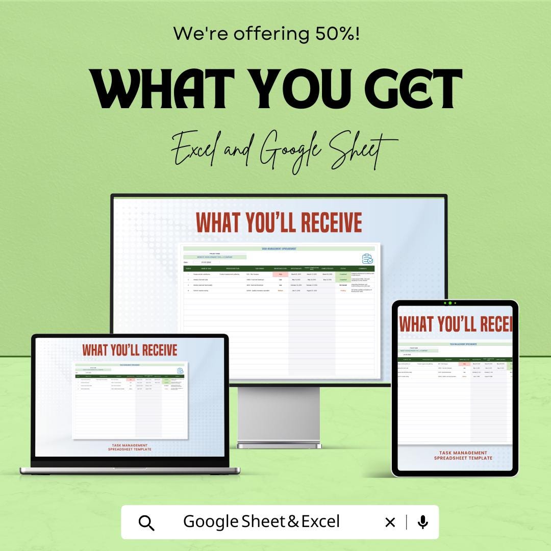Task Management Spreadsheet | Excel & Google Sheet Template | Efficient Task Organizer | Project Tracking Spreadsheet