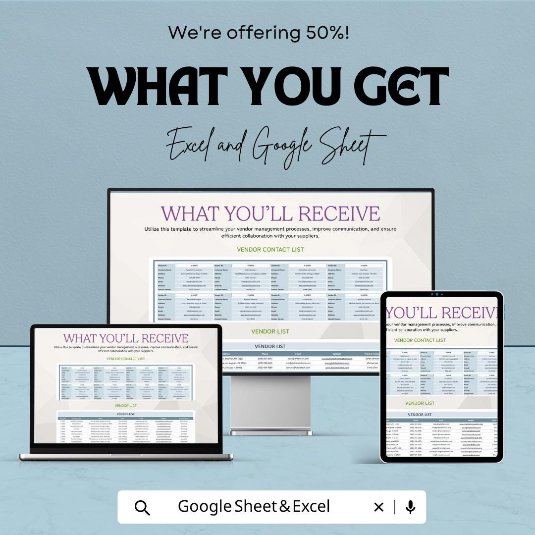 Vendor Contact List Template | Supplier Database Spreadsheet | Vendor Management Tracker | Excel & Google Sheets | Business Contact