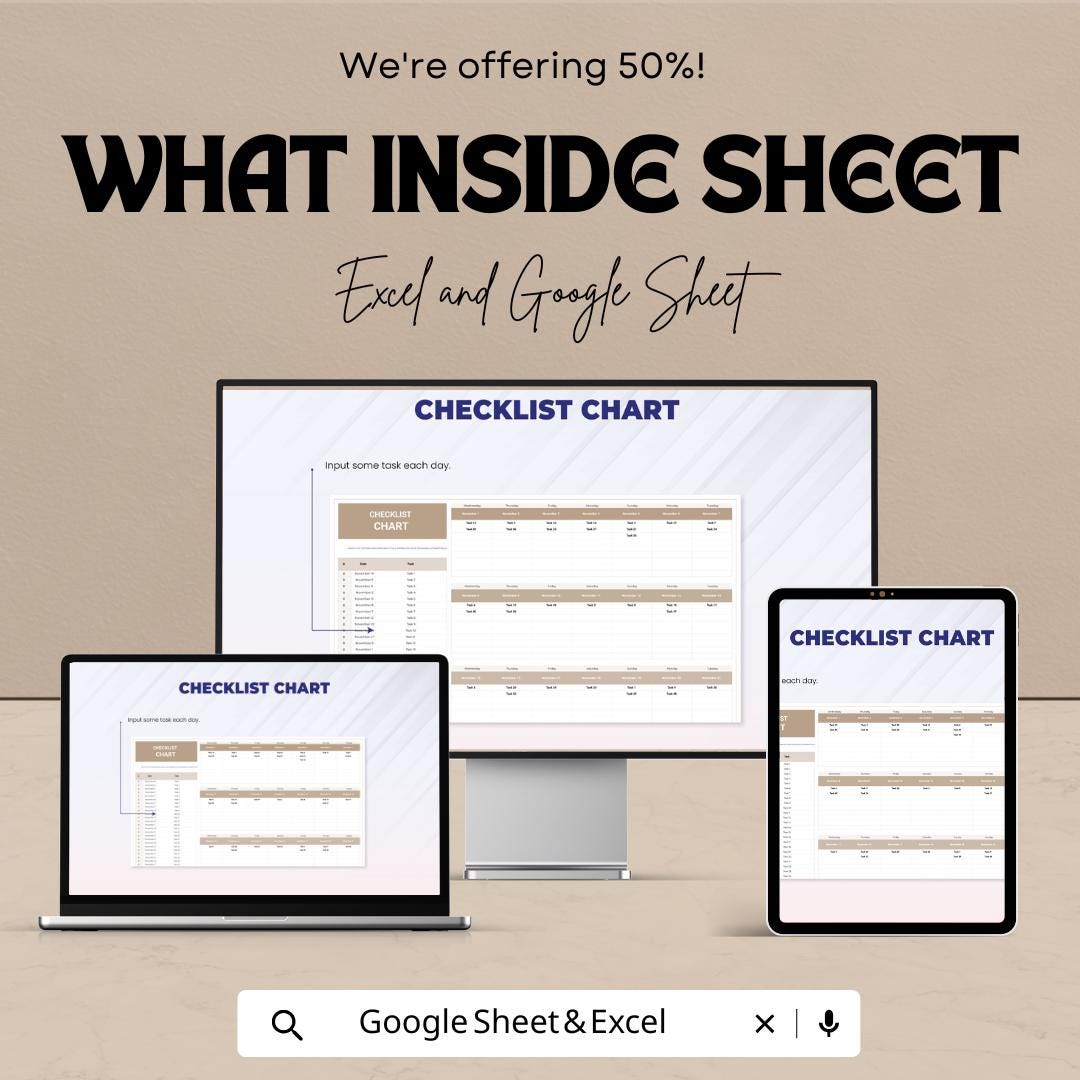 Checklist Chart Sheet - Excel and Google Sheets | Daily Task Management, Goal Tracking & Productivity Planner