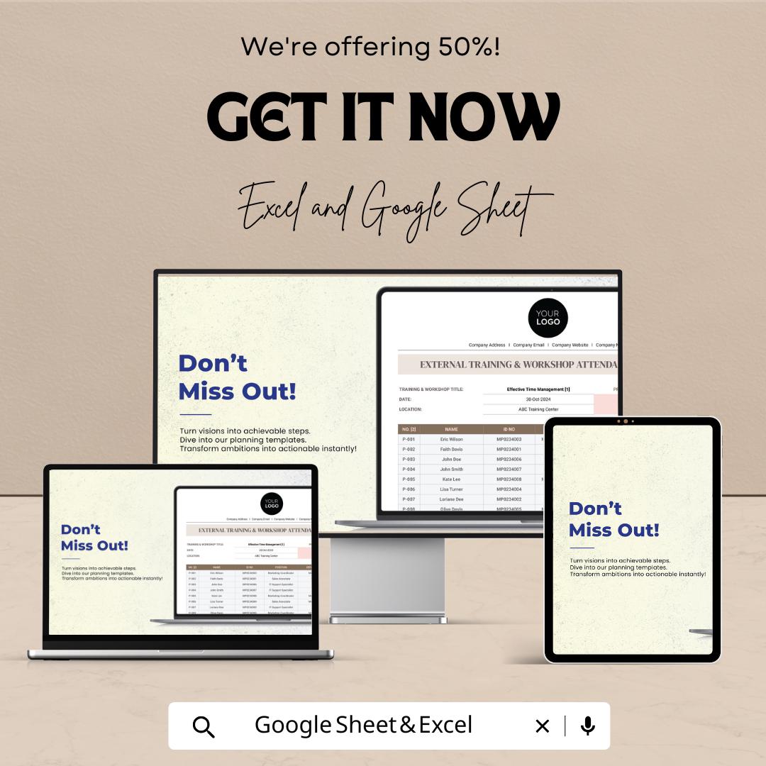 External Training & Workshop Attendance Sheet HR Template | Excel and Google Sheets | Employee Training Tracker