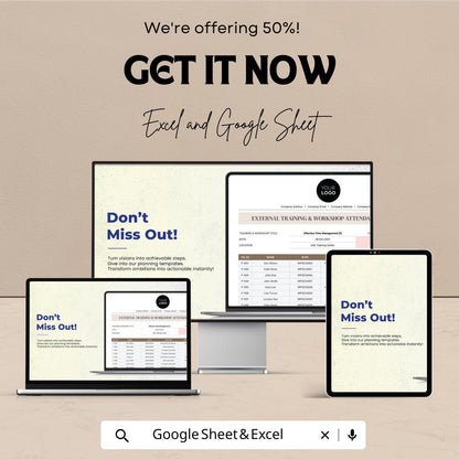 External Training & Workshop Attendance Sheet HR Template | Excel and Google Sheets | Employee Training Tracker