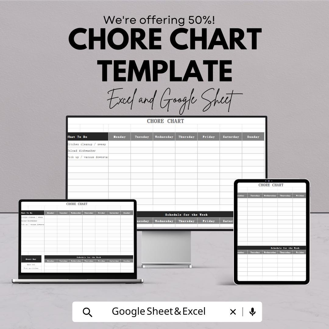 Chore Chart Template | Excel and Google Sheets | Weekly Household Planner | Family Task Organizer | Editable Chore Schedule