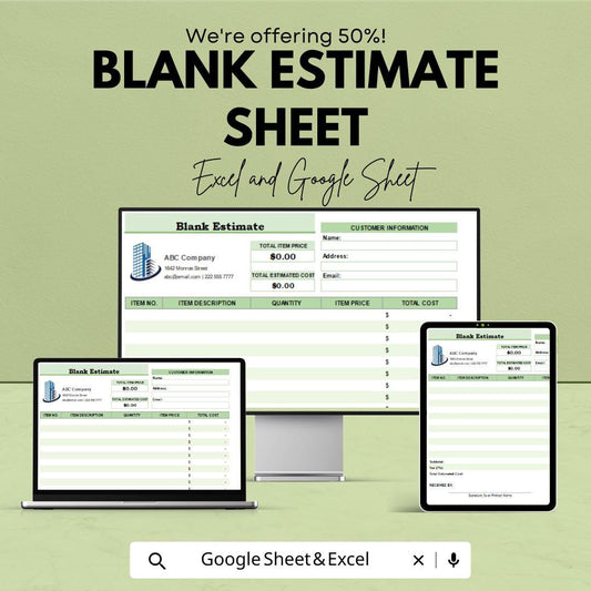 Blank Estimate Sheet | Excel & Google Sheets Template | Professional Estimate Template | Instant Download | Customizable Estimate Format