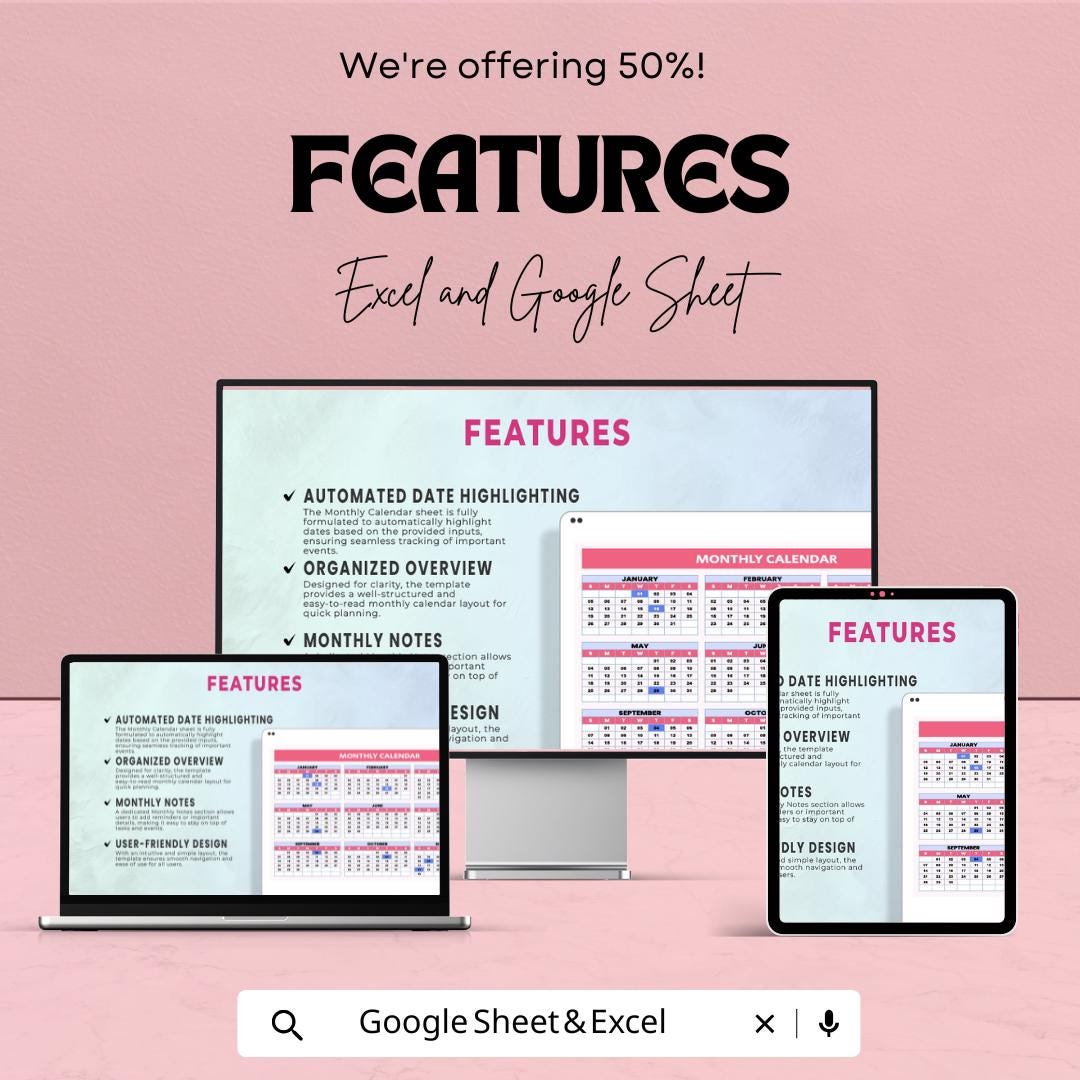 Monthly Calendar Sheet | Excel & Google Sheets | Yearly Planner Template | Customizable Calendar for Planning | 2023-2025 Schedule Organizer