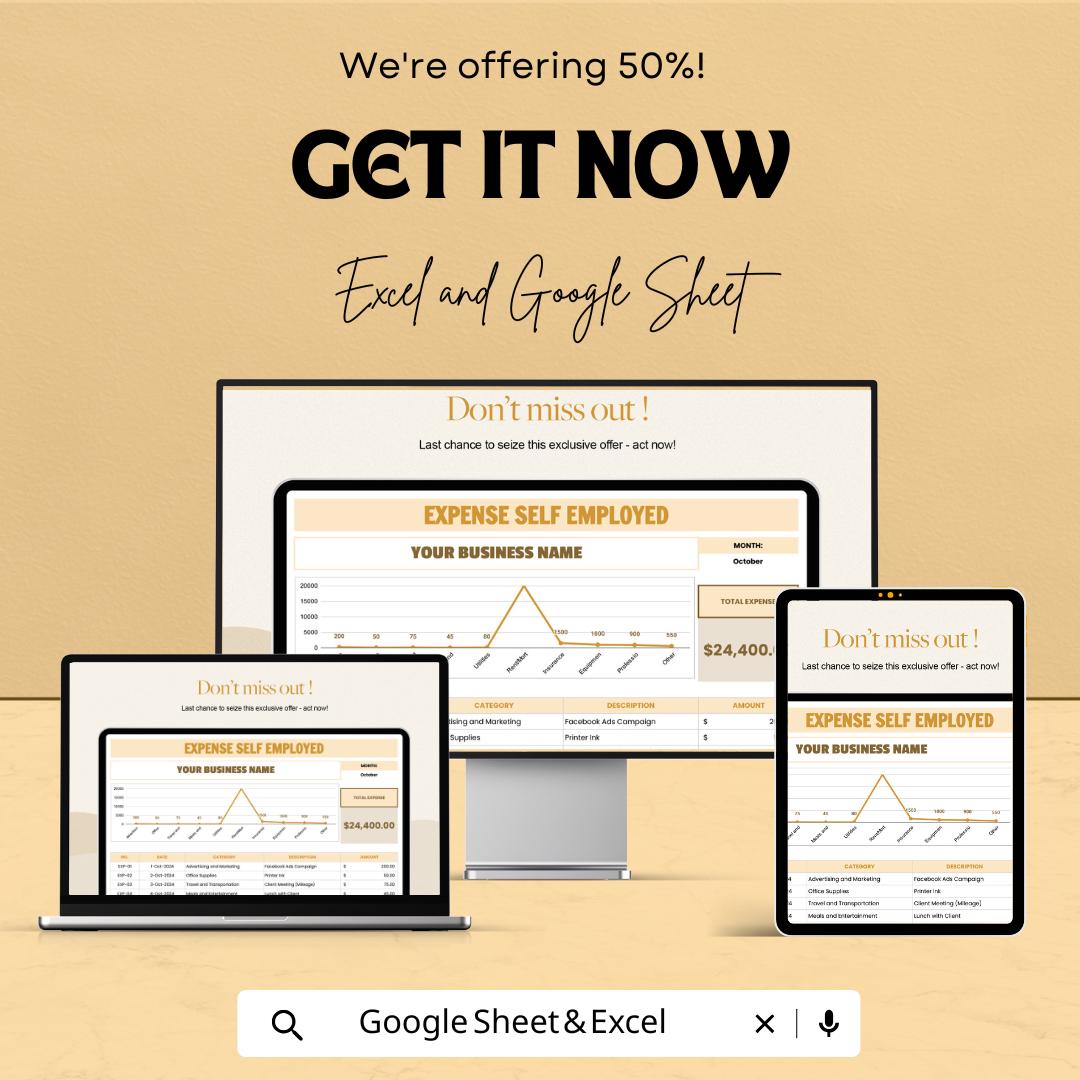 Expense Self Employed Sheet | Business Expense Tracker | Excel & Google Sheets | Self-Employed Financial Management Template