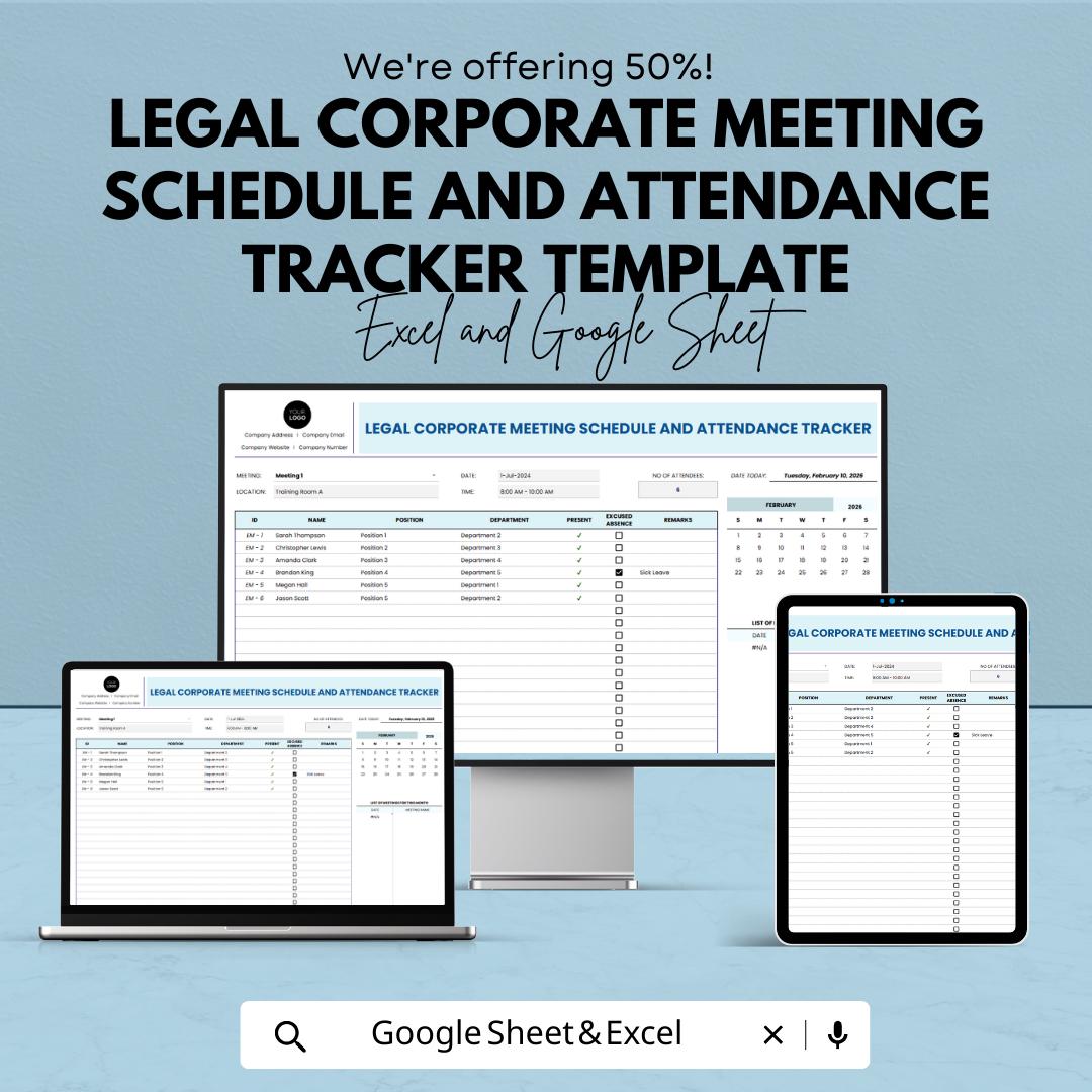 Corporate Meeting Attendance Tracker, Meeting Schedule Template, Employee Attendance Log, Excel & Google Sheets Meeting Planner